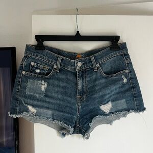 7 For All Mankind Blue Distressed Jean Shorts